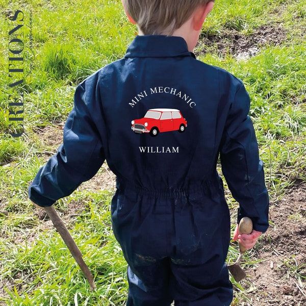 PERSONALISED Kids Mini Mechanic Navy Overalls Boilersuit Puddlesuit Birthday Gift, Kids Navy Embroidered Car Garage all in one, Car Theme