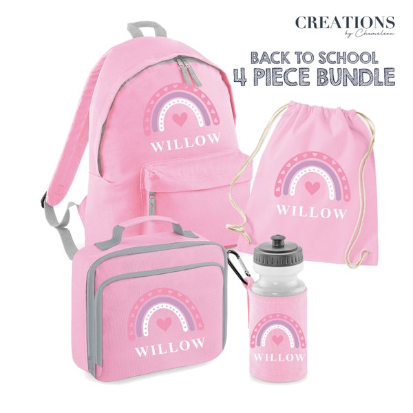 PERSONALISED Pink Girls Rainbow with name Back to School 4 PIECE Bundle Junior backpack Lunch Bag Water Bottle P.E Drawstring Bag, Rainbow