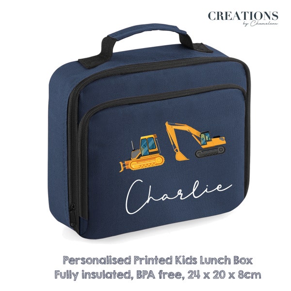 PERSONALISED Construction Diggers and name Back to School Lunch Bag, Personalised Lunch Bag with Yellow Diggers, Lunch Box for School