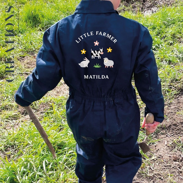 PERSONALISED Kids Little Farmer Navy Overalls Boilersuit Puddlesuit Birthday Gift, Kids Navy Embroidered Farm all in one, Farm Animals Theme