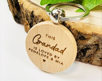 Personalised This Grandad is loved by Name engraved wooden circle keyring, Grandad Birthday Gift,Grandad Christmas Gift, Grandad Gift
