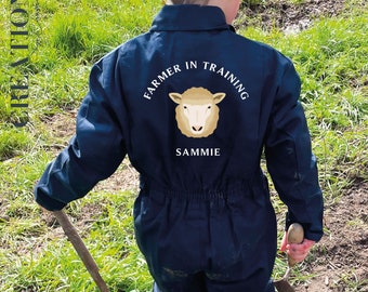 PERSONALISED Kids Farmer in Training Navy Overalls Boilersuit Puddlesuit Birthday Gift, Kids Navy Embroidered Farm Overalls, Sheep Theme
