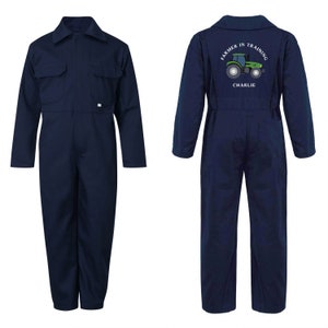 PERSONALISED Kids Farmer in Training Navy Overalls Boilersuit Puddlesuit Birthday Gift, Kids NavyEmbroidered Farm all in one, Tractor Theme image 5