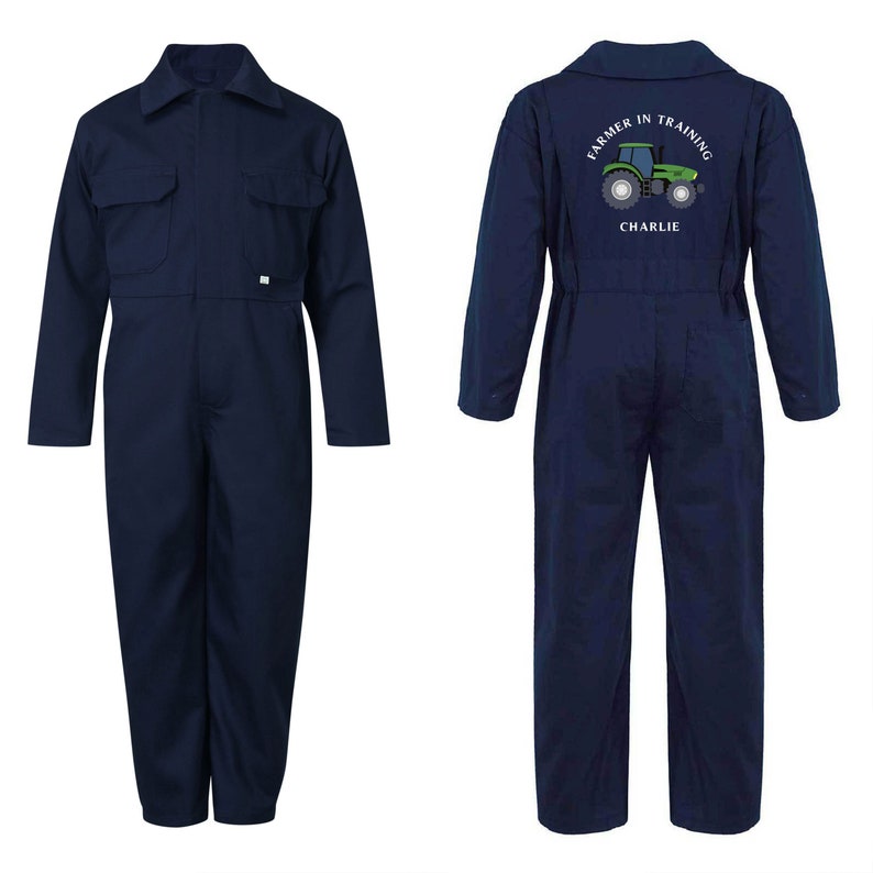 GEPERSONALISEERDE Kids boer in opleiding Navy overalls Boilersuit Puddlesuit verjaardagscadeau, Kids Navygeborduurde boerderij alles in één, tractor thema afbeelding 5