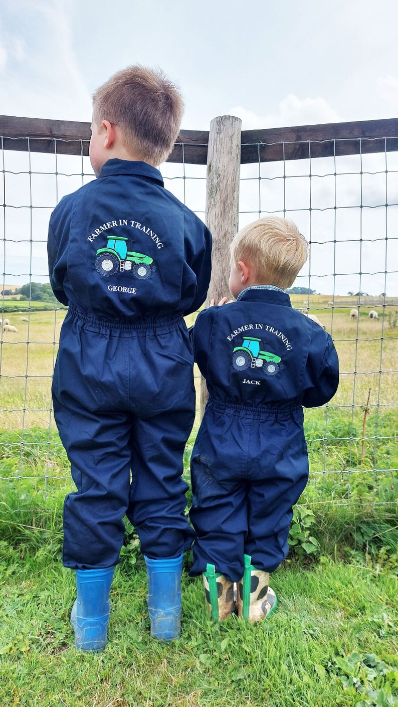 PERSONALISED Kids Farmer in Training Navy Overalls Boilersuit Puddlesuit Birthday Gift, Kids NavyEmbroidered Farm all in one, Tractor Theme image 1