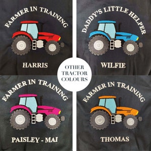 GEPERSONALISEERDE Kids boer in opleiding Navy overalls Boilersuit Puddlesuit verjaardagscadeau, Kids Navygeborduurde boerderij alles in één, tractor thema afbeelding 4