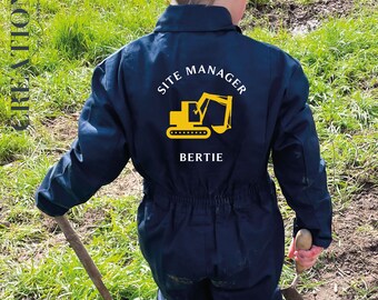 PERSONALISED Kids Site Manager Digger Navy Overalls Boilersuit Puddlesuit Birthday Gift, Kids Construction Overalls all in one, Embroidered