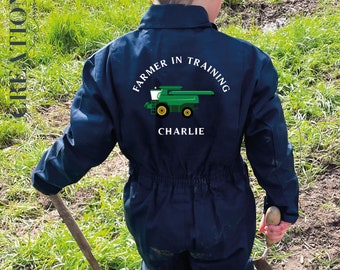 Cadeau d'anniversaire personnalisé pour agriculteur en formation salopette bleu marine pour enfants, ferme brodée bleu marine pour enfants tout en un, thème combiné