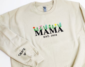 PERSONALISED Mama established embroidered Unisex sweatshirt with children’s names on the sleeve, Mothers Day Sweatshirt, Mama Sweatshirt