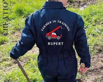 PERSONALISED Kids Farmer in Training Navy Overalls Boilersuit Puddlesuit Birthday Gift, Kids Embroidered Farm all in one, Telehandler Theme