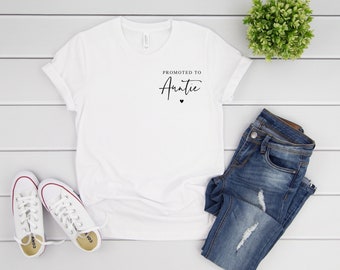 Promoted to AUNTIE Left Chest Printed White or Grey Unisex T-shirt, Auntie Reveal Announcement, Auntie to be T-shirt, New Niece or Nephew