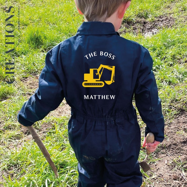 PERSONALISED Kids The Boss Digger Navy Overalls Boilersuit Puddlesuit Birthday Gift, Kids Navy Embroidered Construction all in one, Digger