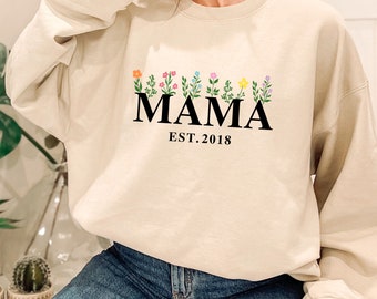 PERSONALISED Year Embroidered Floral Mama UNISEX FIT Sweatshirt, Mothers Day Sweatshirt, Sand Heather Grey Sweatshirt, Mama Sweatshirt