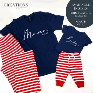 Mama Bear & Baby Bear Family Pyjama Set, Pregnancy Announcement Pyjamas, Mum and Child Red Stripe Family Pyjamas, Mummy and Mini Pyjamas