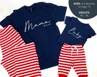 Mama Bear & Baby Bear Family Pyjama Set, Pregnancy Announcement Pyjamas, Mum and Child Red Stripe Family Pyjamas, Mummy and Mini Pyjamas