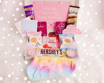 Birthday Letterbox Gift For Her With Rainbow Socks, Birthday Card, Hot Chocolate, Chocolate Bars, Tea, Luxury Biscuits and Spa Face Pack