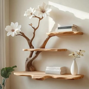 Magnolia Tree Bookshelf | Wall Mounted Wooden Shelf with White Flowers | 3 Tier Floating Branch Shelf | Handmade Nature Decor