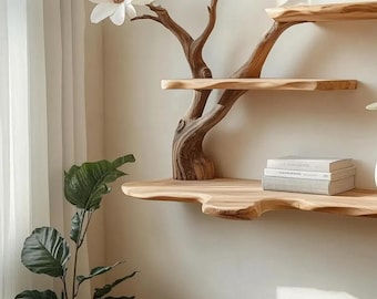 Magnolia Tree Bookshelf | Wall Mounted Wooden Shelf with White Flowers | 3 Tier Floating Branch Shelf | Handmade Nature Decor