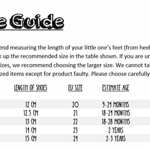 May include: A size guide for children's shoes, featuring a table with AU-UK, EU, and FJ sizes, shoe length in centimeters, and estimated ages. The text advises measuring the foot and choosing the larger size if unsure.