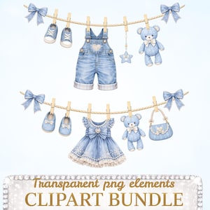 May include: A watercolour illustration featuring baby clothes and accessories in various shades of blue. Items include dungarees, a dress, shoes, a teddy bear, and a purse, all hanging on a washing line with bows. The text "Transparent png elements CLIPART BUNDLE" is at the bottom.