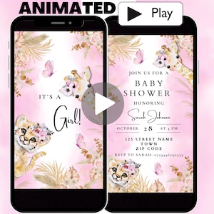Rosa Safari-Babyparty-Einladungs-Video-Vorlage, animiert Es ist eine Mädchen-Dschungel-Babyparty-Einladung, niedliche moderne digitale Einladung