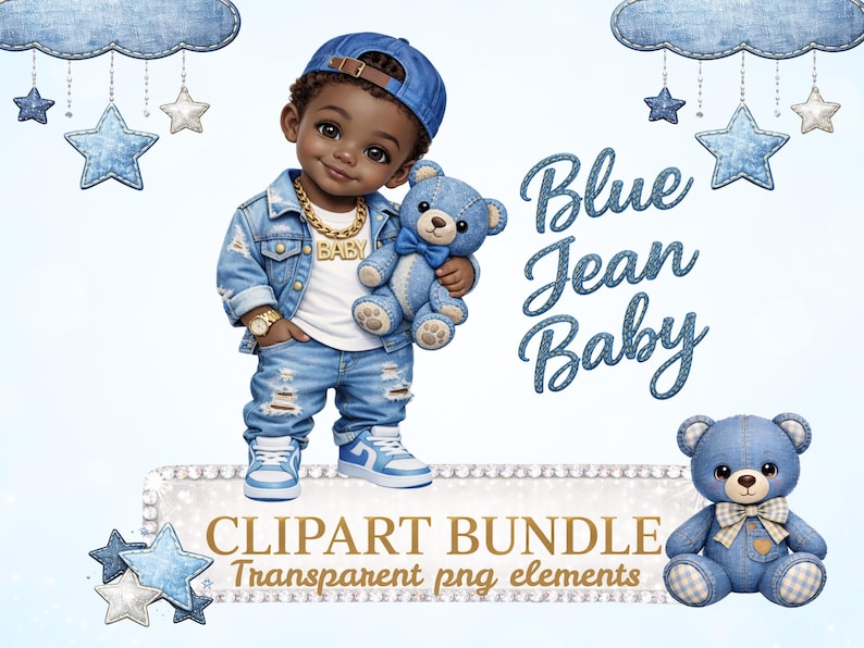 Blue Jean Baby Shower Clipart Bundle, Afro American Black Boy Denim ...