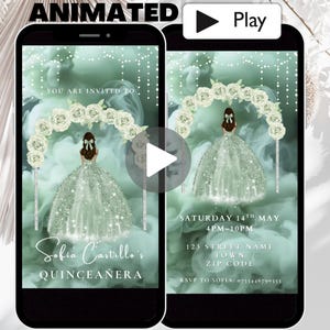 Animated Quinceañera Invitation Template, Sage Green Princess Dress 15 Años Mis Quince Invitation Video, Elegant Sweet 16 Birthday Invite