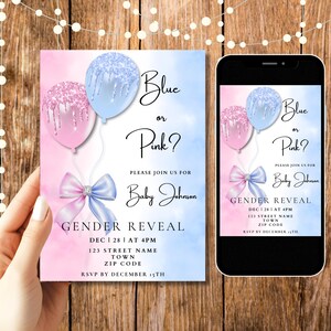 Blaue und rosa Glitter Ballons Gender Reveal Einladung Vorlage, druckbare Ballon Gender Reveal Party Einladung, digitale einladen