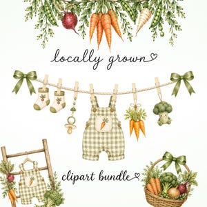 May include: A digital illustration set featuring vegetables like carrots, beetroot, and broccoli, a clothesline with baby overalls, socks, and a dummy, a wooden ladder with overalls, and a woven basket of produce with the text locally grown clipart bundle.