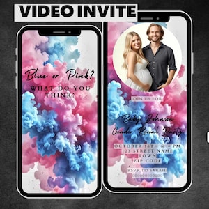 Geanimeerde gender Reveal-uitnodiging, gepersonaliseerde video-uitnodiging met Smoke Canyon-thema, digitale downloadsjabloon