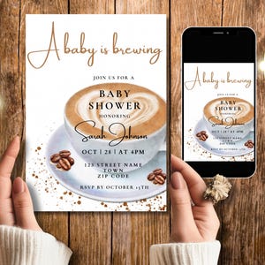 Neutral Coffee Baby Shower Invitation Template, Printable Baby Is Brewing Shower Invite, Modern Digital Coffee Invitation