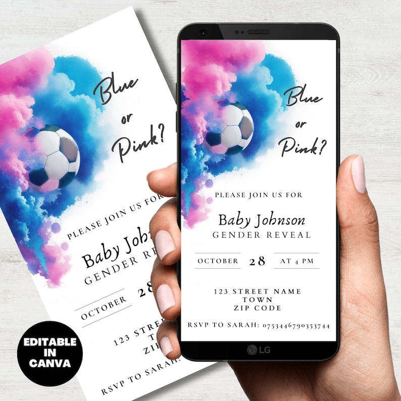 Soccer Themed Gender Reveal Invitation Template, Digital Download