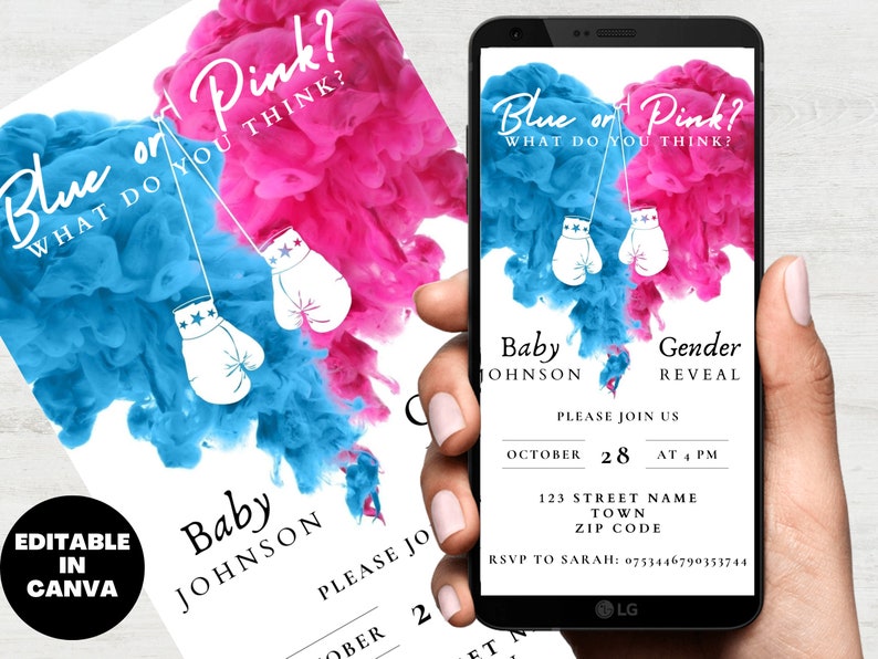 Boxing Themed Gender Reveal Invitation Template, Digital Download