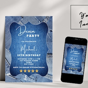 Editable Denim Invitation Template, Western Denim Printable Birthday Party Invitation, Blue Denim Party Digital Invite for Men and Women