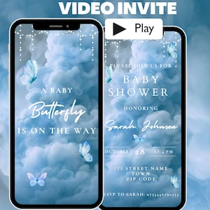 Invito per baby shower animato con tema farfalla blu, video di invito per neonato, modello di testo modificabile per il download digitale carino e unico