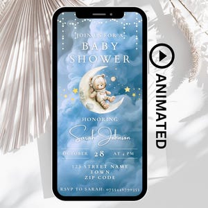 Modello di invito per baby shower animato nello spazio, video di invito per baby shower "We Are Over The Moon", invito con testo digitale "Astronaut Bear"