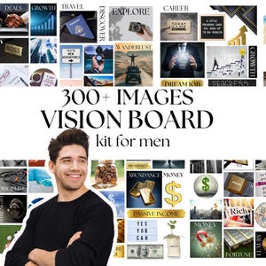 May include: A collage of images for a vision board kit for men. The images include a passport, a compass, a camera, a businessman, a sign that says "Yes You Can", a sign that says "New Adventures", a sign that says "Wanderlust", a sign that says "Dream Job", a sign that says "Progress", a sign that says "Growth", a sign that says "Love", a sign that says "Abundance Money", a sign that says "Passive Income", a sign that says "Rich", a sign that says "Fortune", a sign that says "Luxury", and a sign that says "To be best point of view".