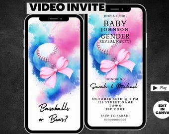 Animated Baseball Gender Reveal Invitation Video, Editable Template, Digital Download, Baseballs or Bows Invite