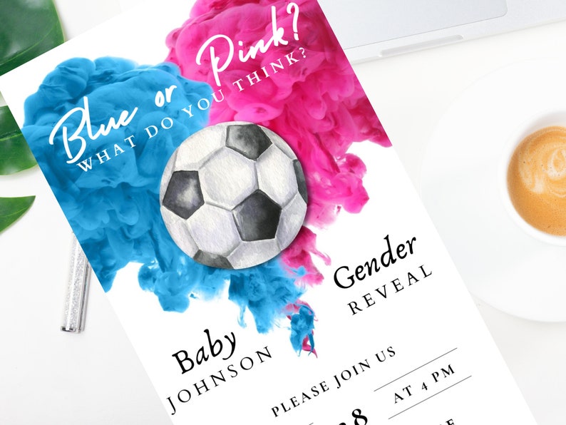 Soccer Themed Gender Reveal Invitation Template, Digital Download