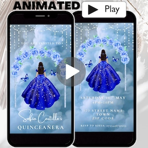 Animierte Royal Blau Quinceanera Einladung Vorlage, Glitzer Prinzessin Kleid 15 Años Quince Einladung Video, Cute Sweet 16 Geburtstag Einladen