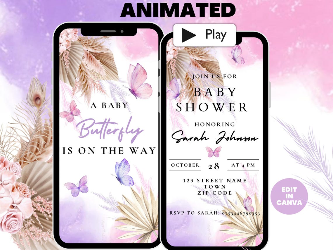 Butterfly Baby Shower Invitation, Girl Baby Shower Video Invite, Purple ...