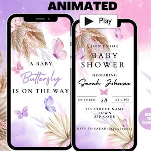 Butterfly Baby Shower Invitation, Girl Baby Shower Video Invite, Purple and Pink Boho Butterfly Baby Shower Animated Invitation Template