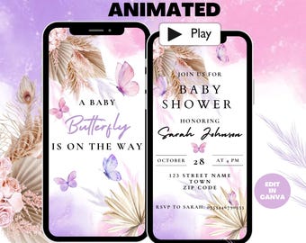 Butterfly Baby Shower Invitation, Girl Baby Shower Video Invite, Purple and Pink Boho Butterfly Baby Shower Animated Invitation Template
