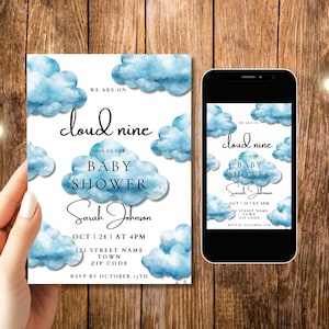 On Cloud Nine Baby Shower Invitation Template, Printable Blue Clouds Boy Baby Shower Invite, Cute Modern Digital Invitation