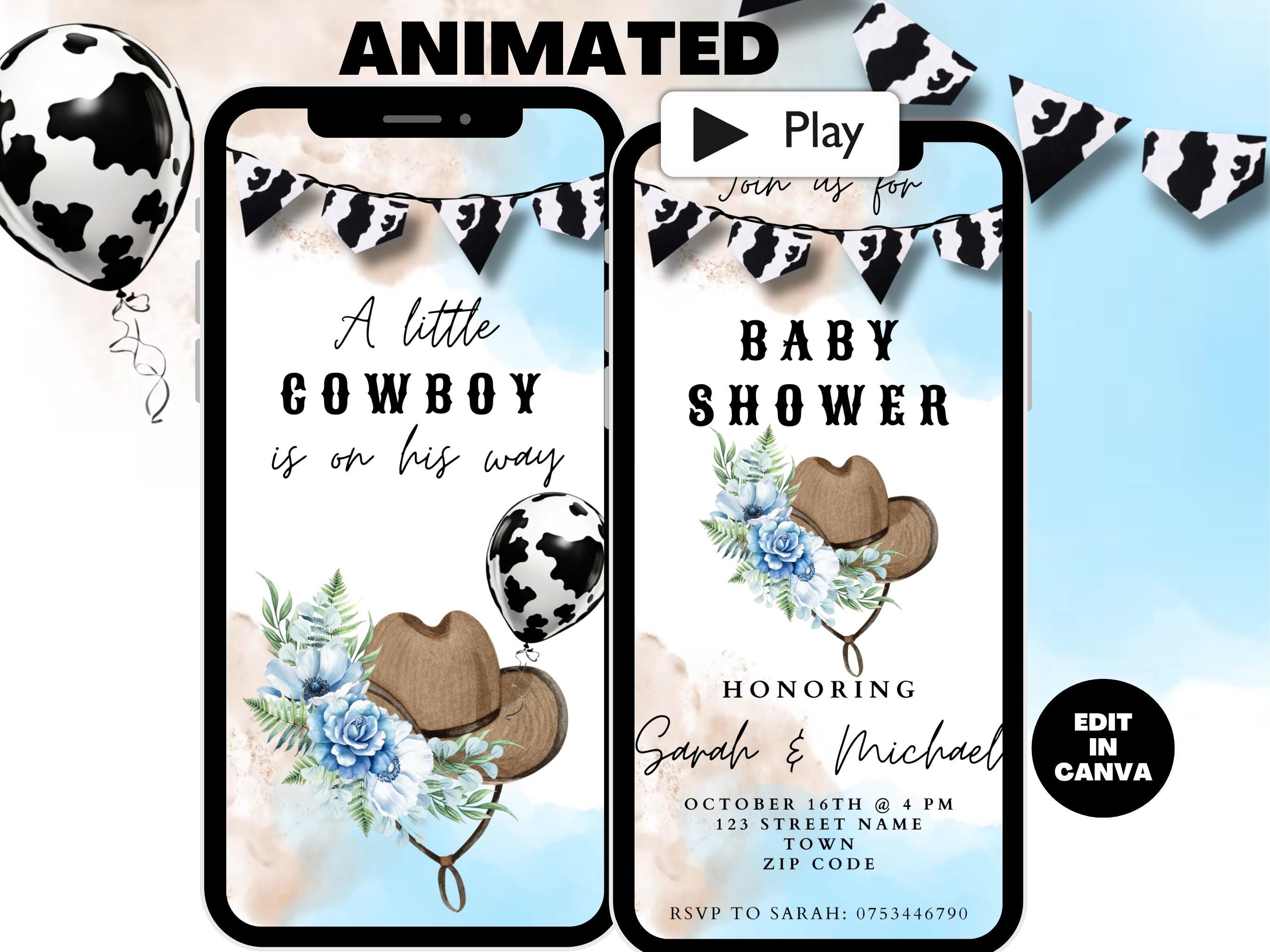 Cowboy Baby Shower Animated Invitation Template, Cute Blue Western Baby Shower Cow Boy Hat Video Invitation, Digital Editable Text Invite