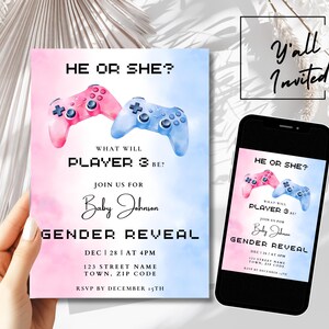 Player 3 Gender Reveal Invitation Template, Video Game Theme Gander Reveal Party invite, Printable Digital Gaming Gender Reveal Invitation