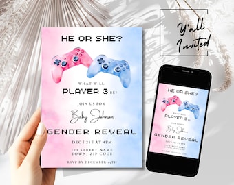 Speler 3 Gender Reveal uitnodigingssjabloon, videogamethema Gander Reveal-feestuitnodiging, afdrukbare digitale gaming Gender Reveal-uitnodiging
