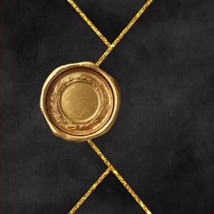 May include: Gold wax seal with a laurel wreath design on a black background. The seal is surrounded by gold glitter lines that intersect to form a geometric pattern. The image has a luxurious and elegant feel.