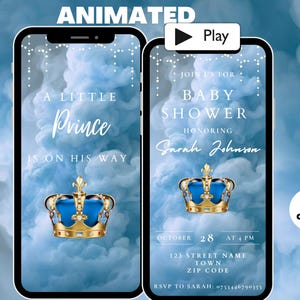 Modello di invito animato per baby shower del principe, video di invito per baby shower del ragazzo blu Royal Fairytale, modello di testo modificabile da scaricare digitalmente
