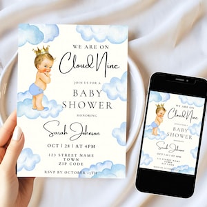 On Cloud Nine Baby Shower Invitation Template, Printable Blue Boy Baby Shower Invite, Modern Cute Digital Cloud Invitation